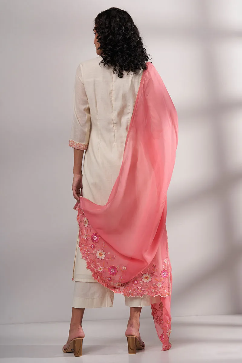 Antique White Cotton Linen Woven Top With Blossom Peach Thread Embroidered Organza Dupatta