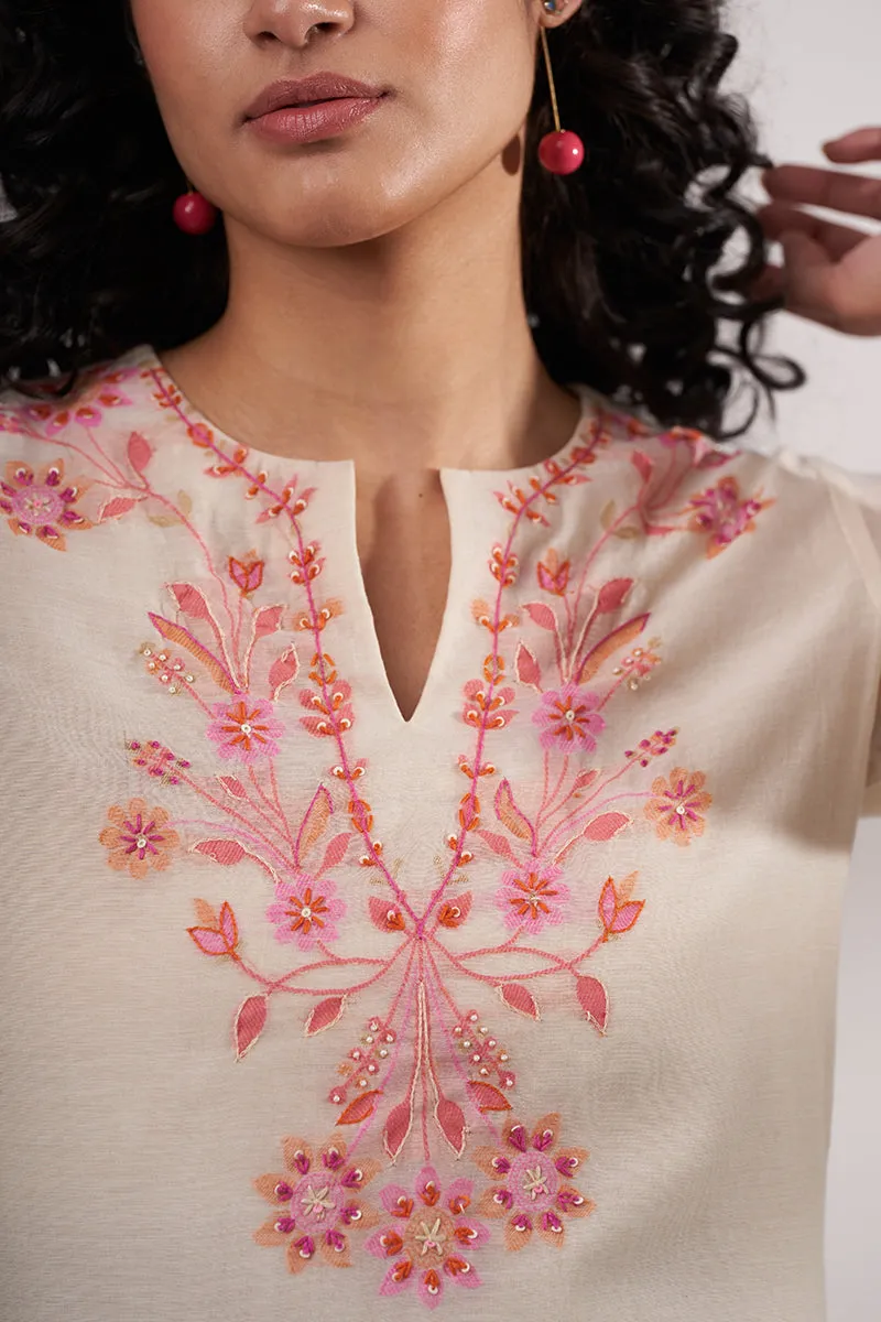 Antique White Cotton Linen Woven Top With Blossom Peach Thread Embroidered Organza Dupatta