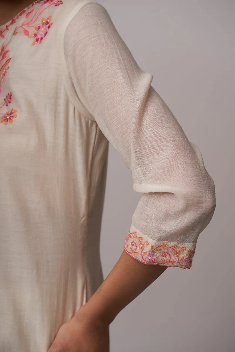 Antique White Cotton Linen Woven Top With Blossom Peach Thread Embroidered Organza Dupatta