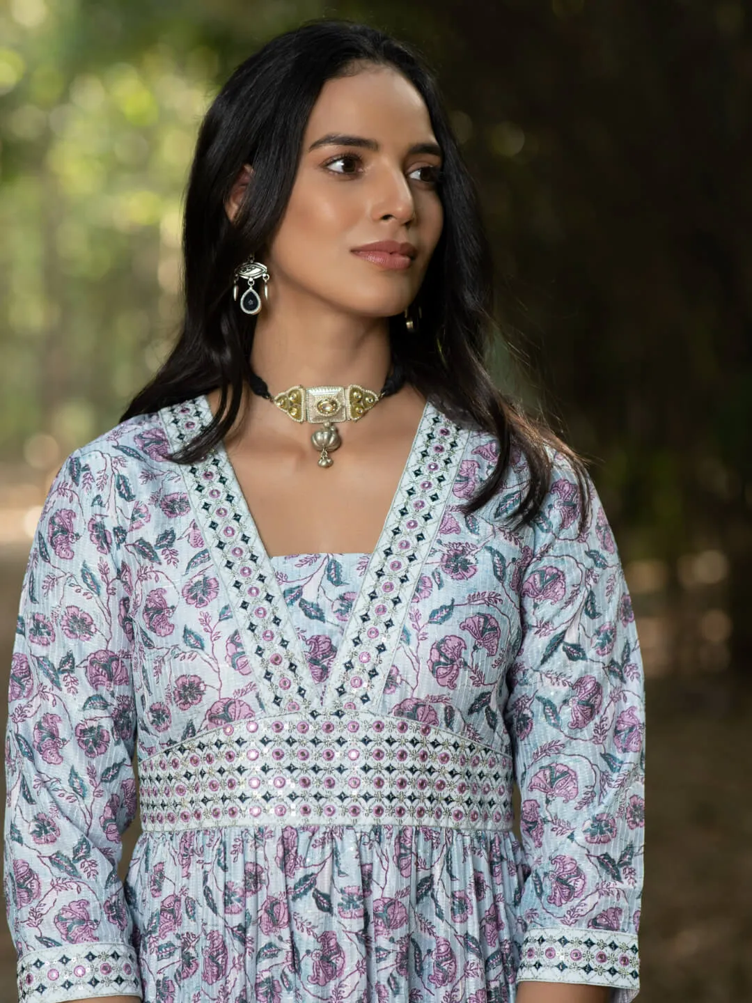 BARKHA - DIGITAL PRINTED KURTA SET WITH ALIA CUT STYLE ON EMBROIDERD FABRIC AND HANDWORK NECKLINE