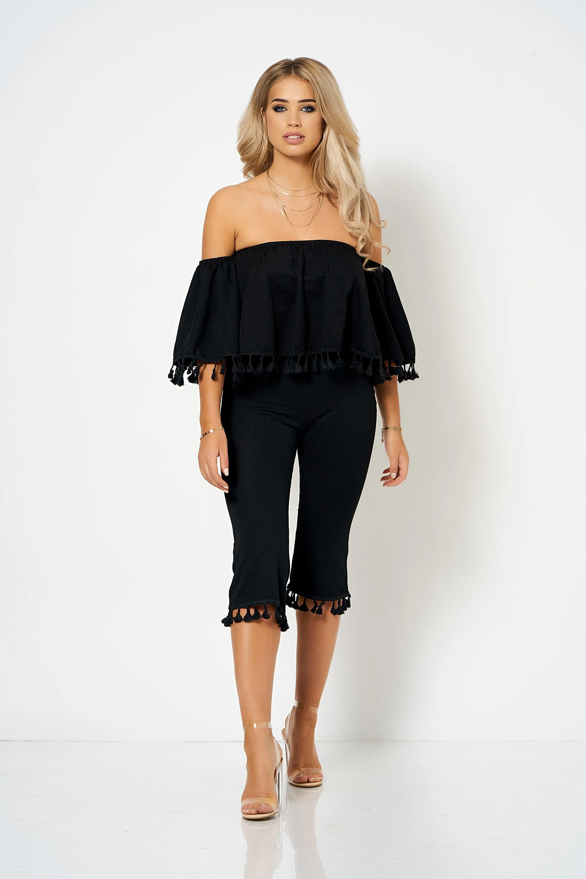 Black Bardot Tassel Co-Ord Set