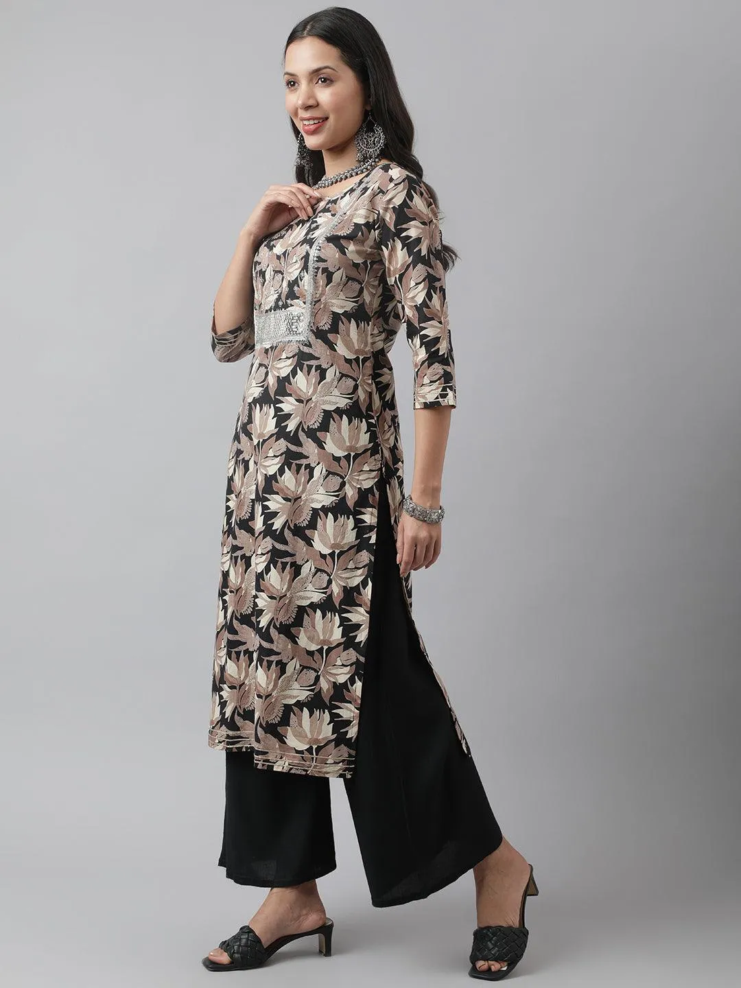 Black Cotton Floral Straight Kurta