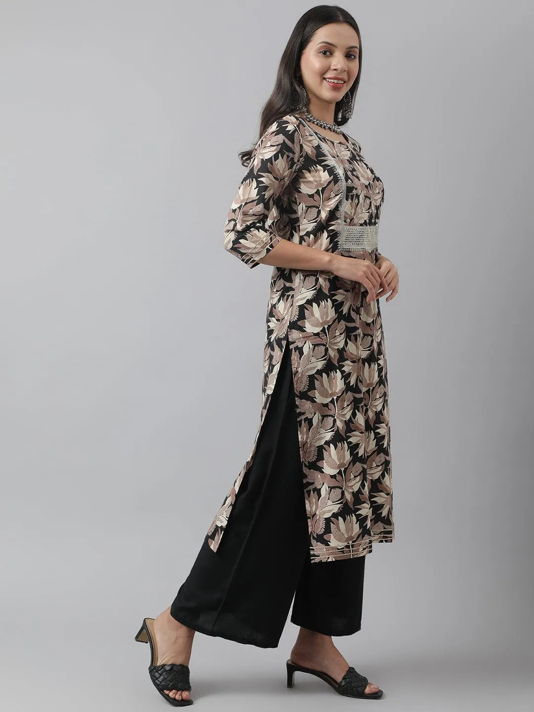 Black Cotton Floral Straight Kurta