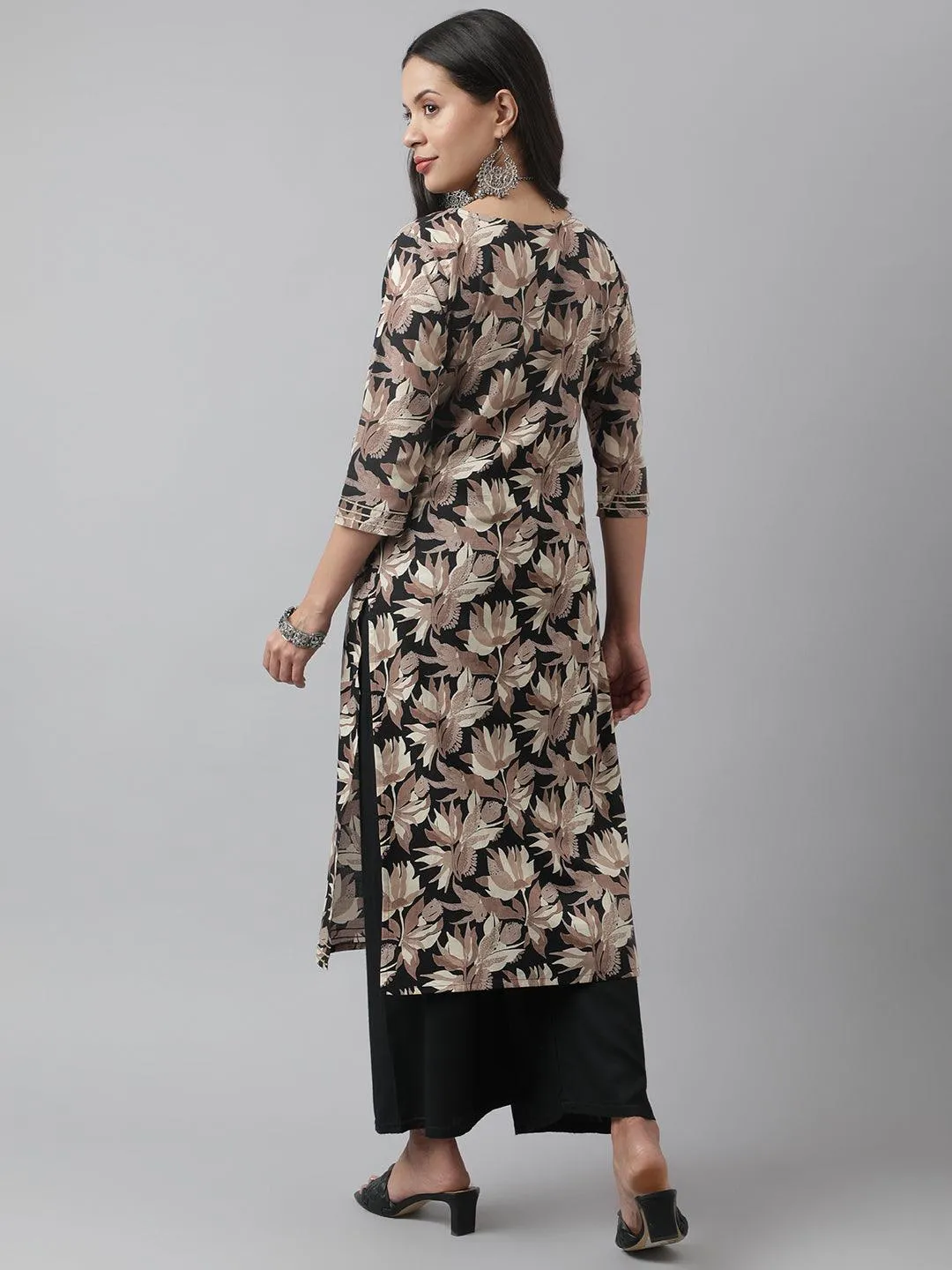 Black Cotton Floral Straight Kurta