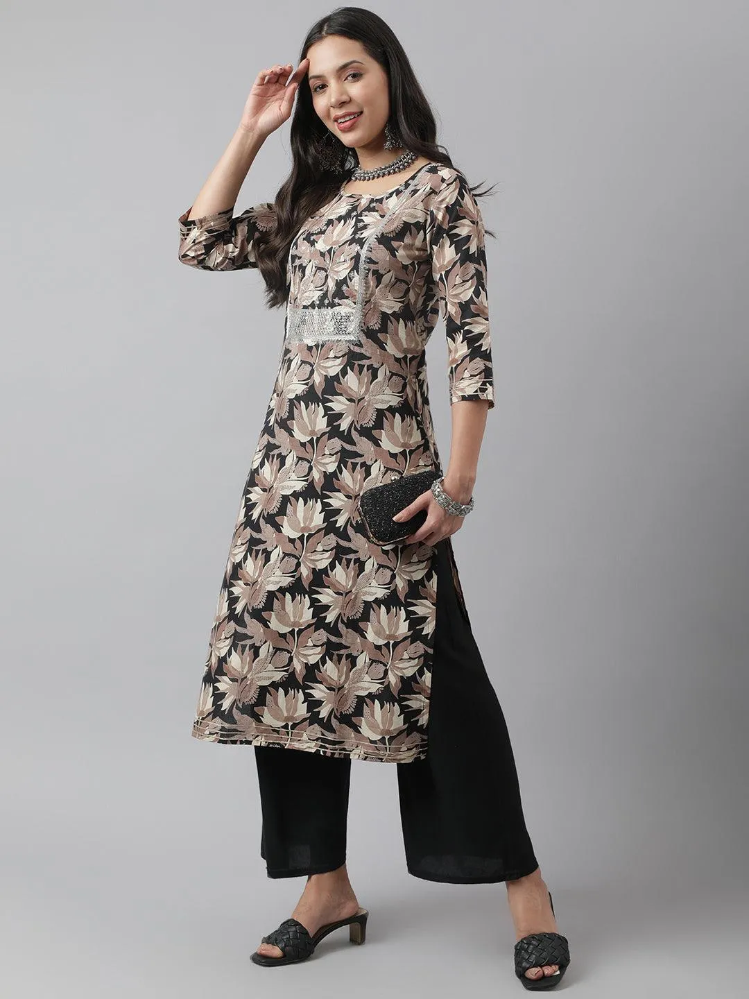 Black Cotton Floral Straight Kurta