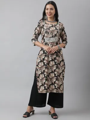 Black Cotton Floral Straight Kurta