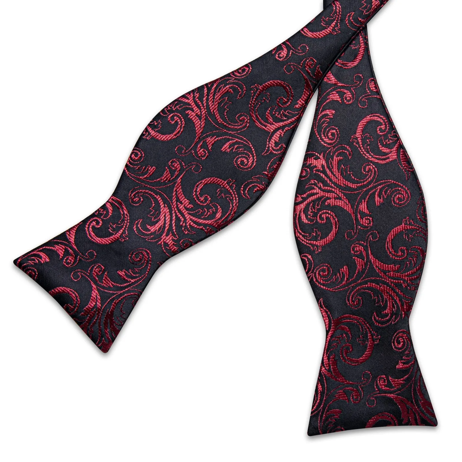 Black DarkRed Floral Self-tied Bow Tie Pocket Square Cufflinks Set