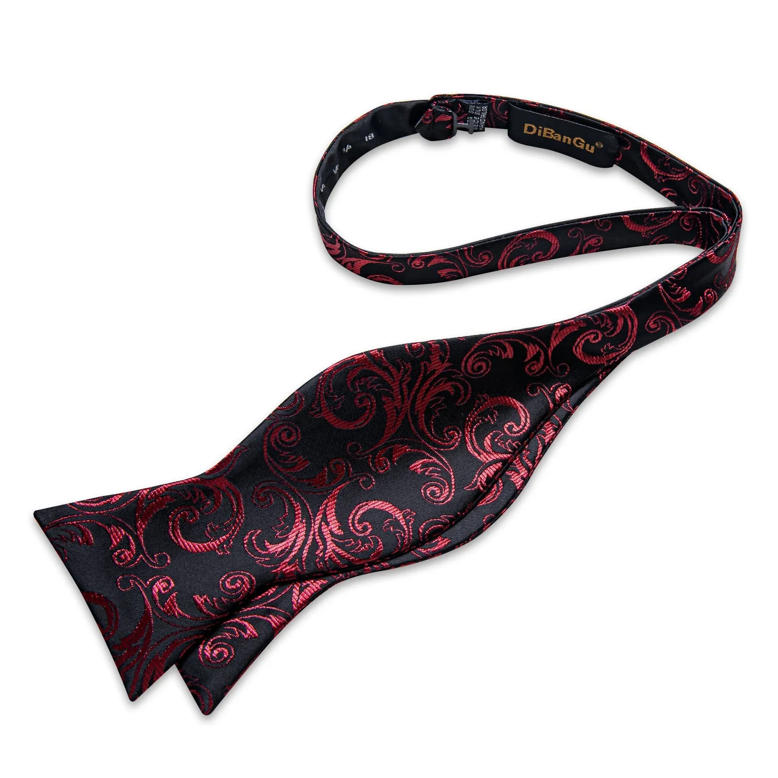 Black DarkRed Floral Self-tied Bow Tie Pocket Square Cufflinks Set