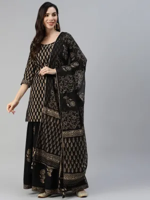 Black Gold Printed Cotton Kurta Sharara Set With Dupatta