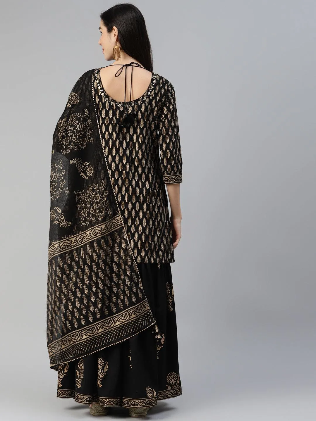 Black Gold Printed Cotton Kurta Sharara Set With Dupatta