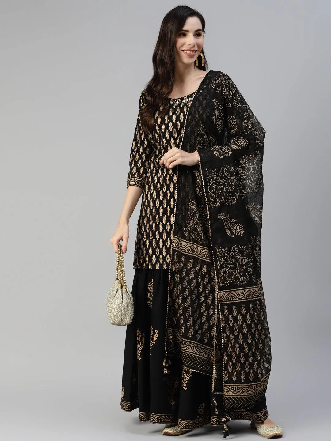 Black Gold Printed Cotton Kurta Sharara Set With Dupatta