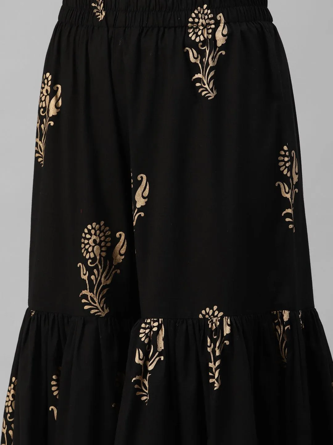 Black Gold Printed Cotton Kurta Sharara Set With Dupatta