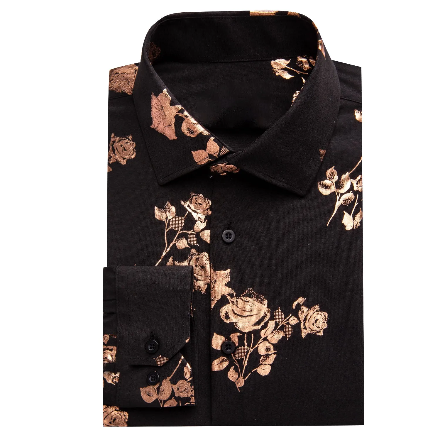 Black Rose Golden Floral Pattern Silk Men's Long Sleeve Shirt