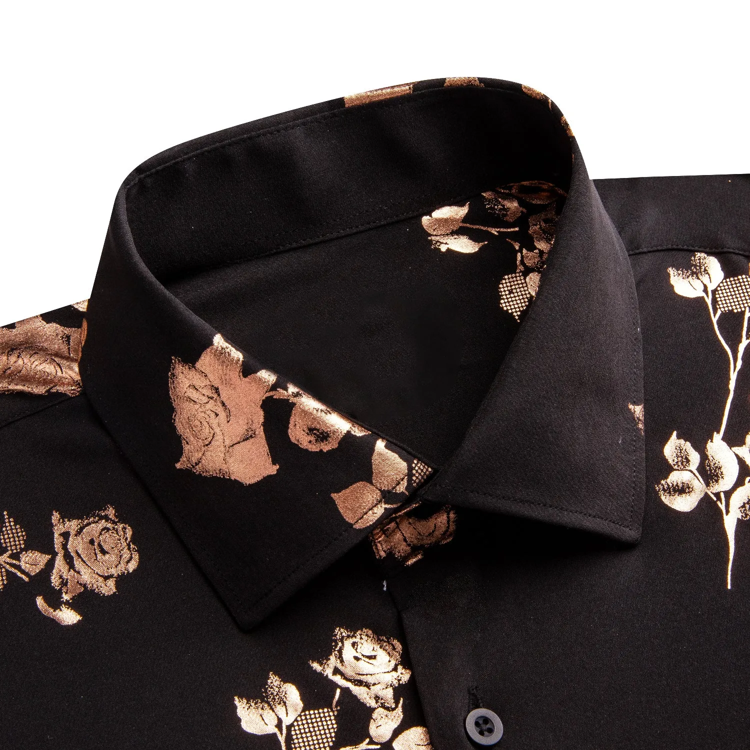 Black Rose Golden Floral Pattern Silk Men's Long Sleeve Shirt