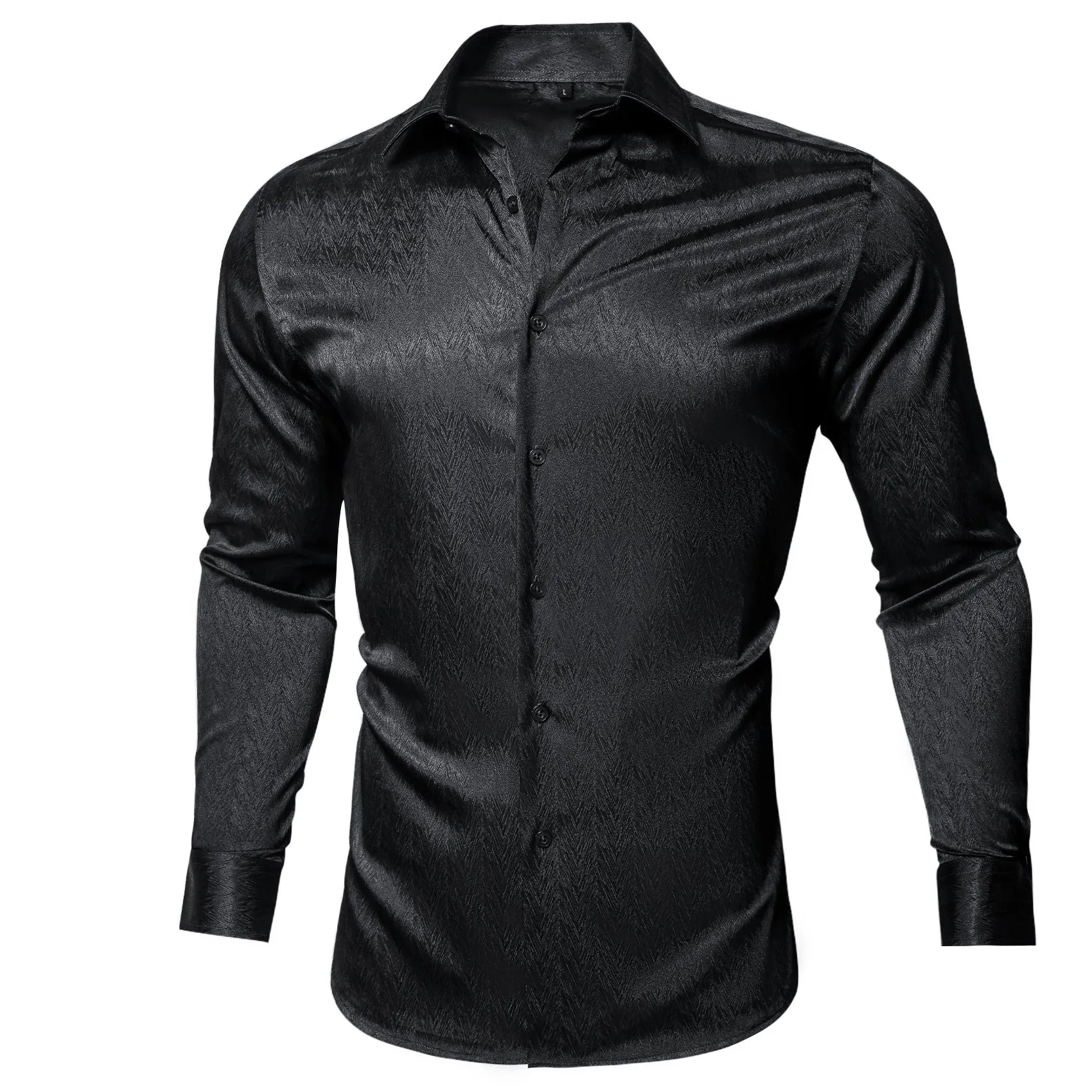 Black Solid Woven Silk Men's Long Sleeve Shirt