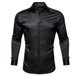 Black Solid Woven Silk Men's Long Sleeve Shirt