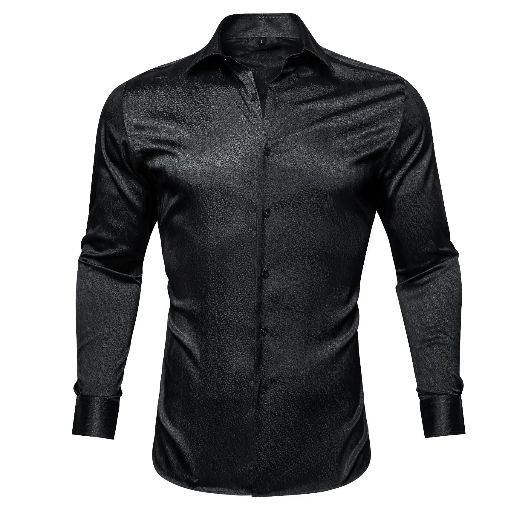 Black Solid Woven Silk Men's Long Sleeve Shirt