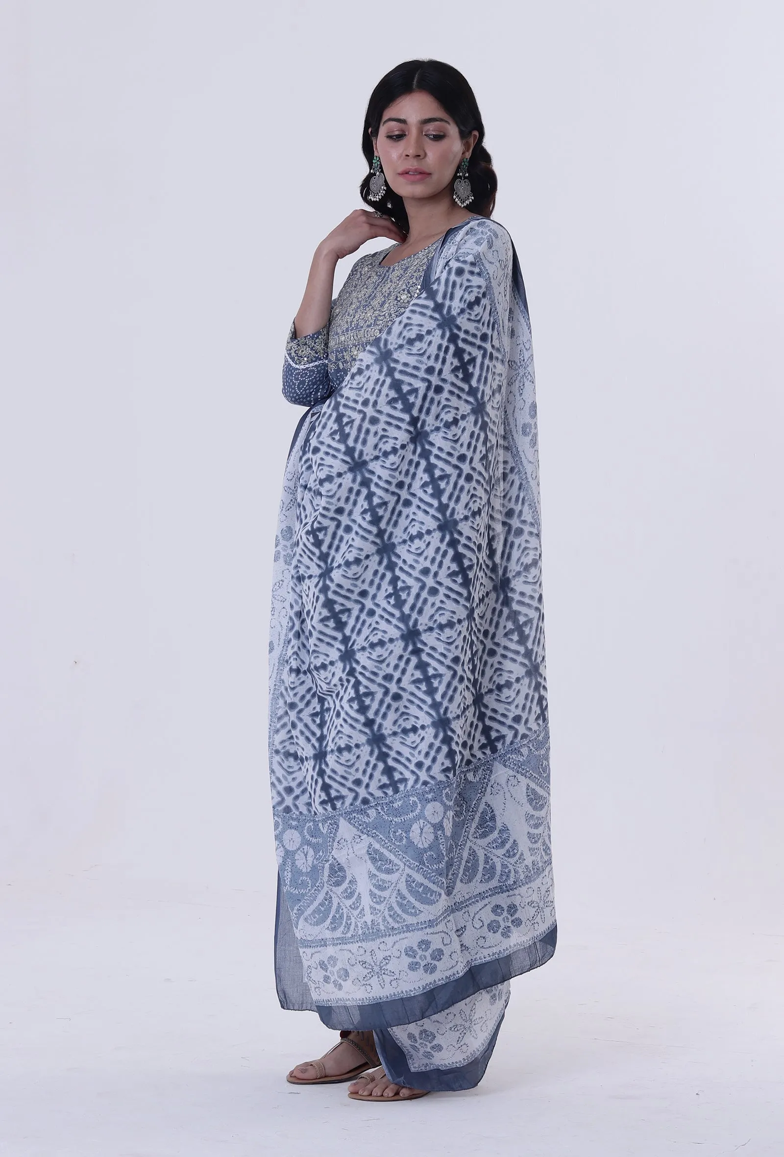 Blue & White Block Printed Cotton Dupatta