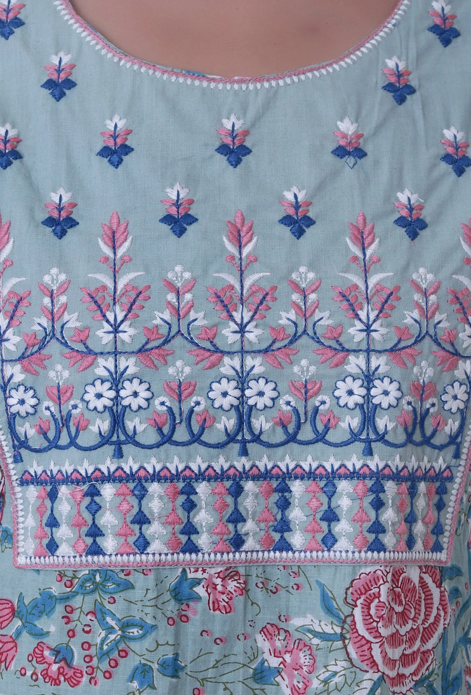 Blue Cotton Kurta With Multicolor Motif