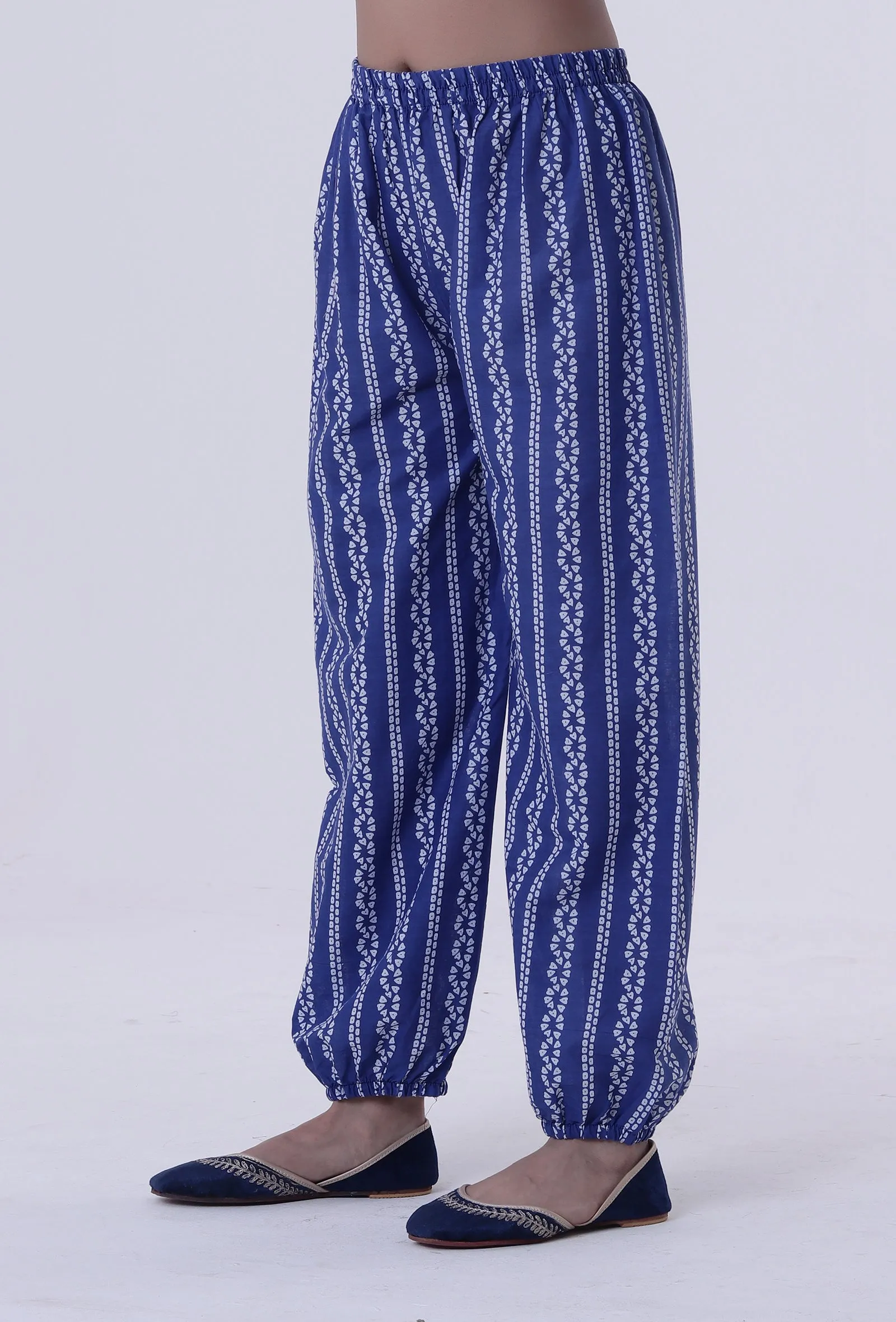 Blue Cotton Pant with White Motif