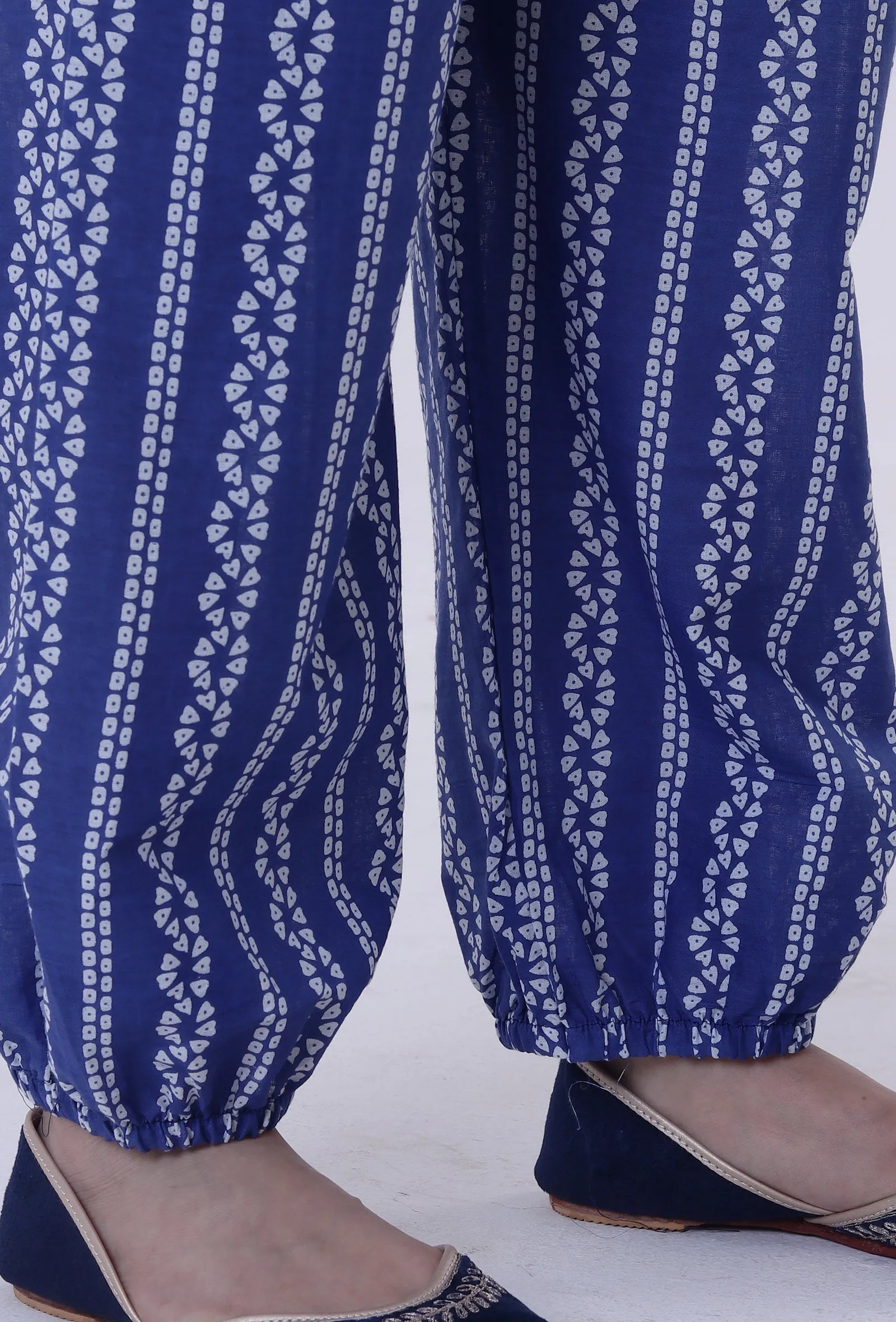 Blue Cotton Pant with White Motif