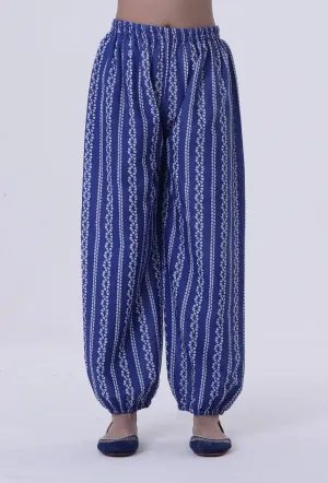 Blue Cotton Pant with White Motif