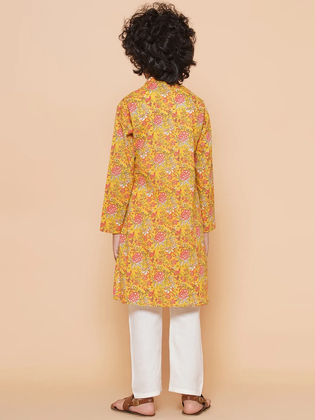 Boys Mustard Yellow Printed Kurta with Pyjamas