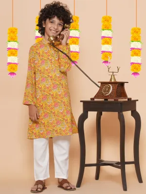 Boys Mustard Yellow Printed Kurta with Pyjamas