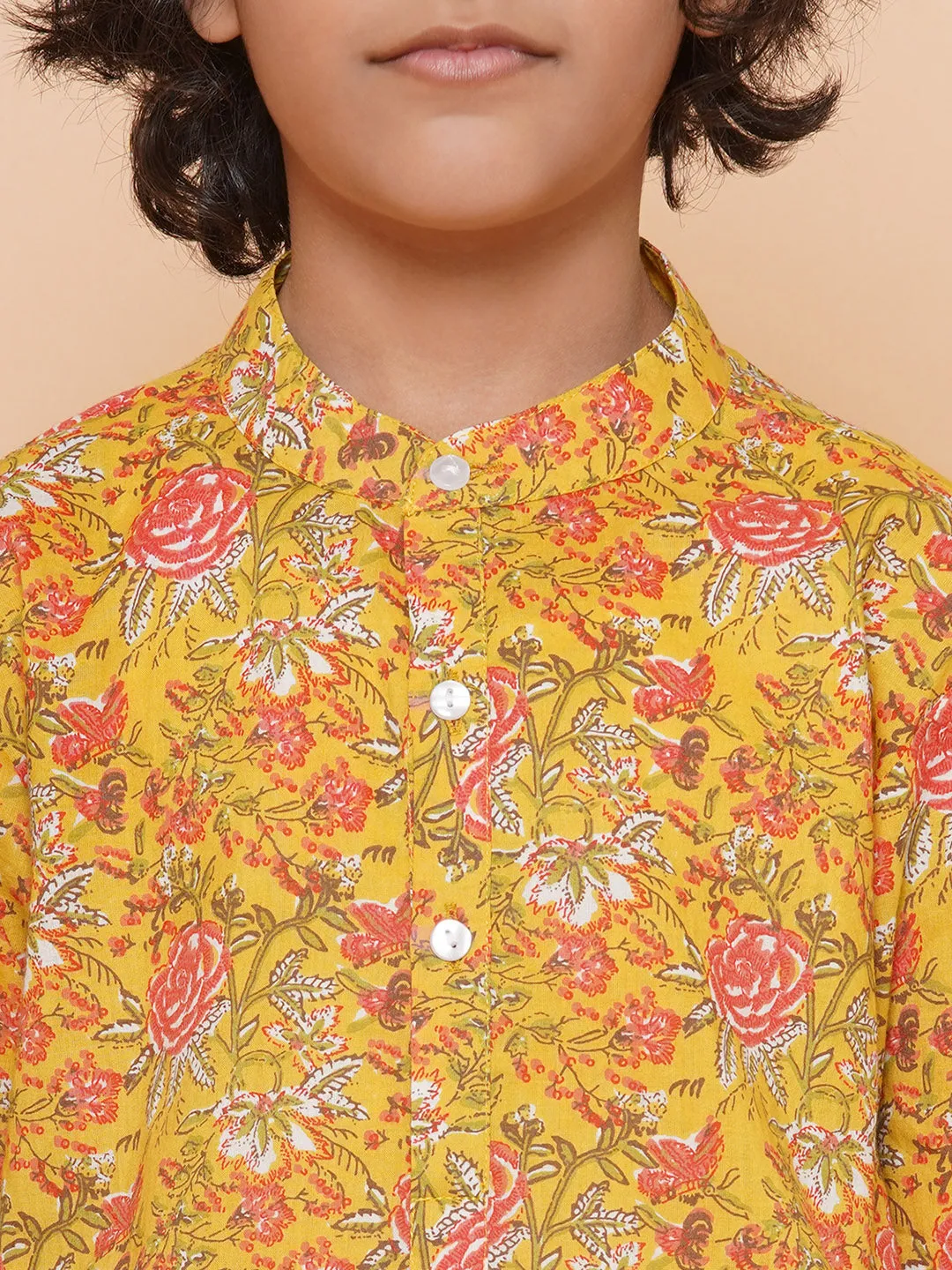 Boys Mustard Yellow Printed Kurta with Pyjamas