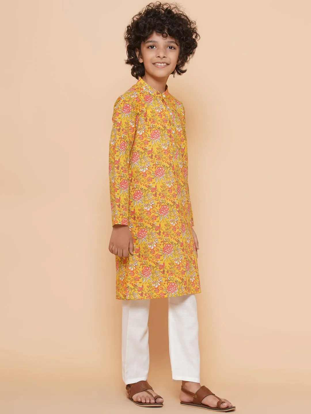 Boys Mustard Yellow Printed Kurta with Pyjamas