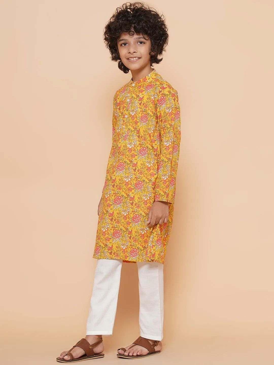 Boys Mustard Yellow Printed Kurta with Pyjamas