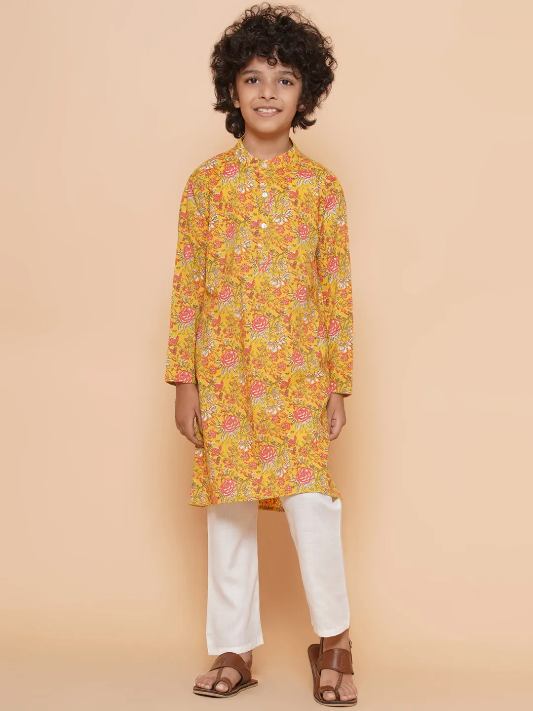 Boys Mustard Yellow Printed Kurta with Pyjamas