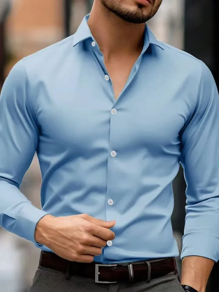 Camicia da Ufficio Casual con Rever - Maniche Lunghe e Colore Solido per Uomini