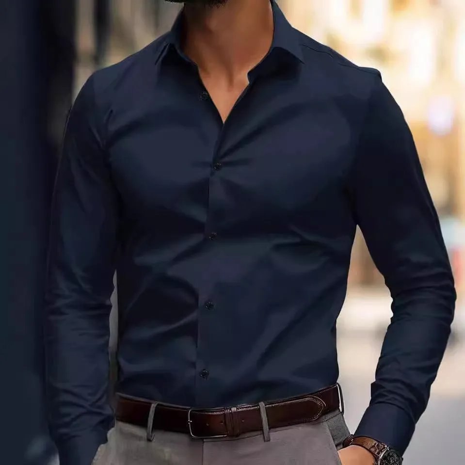 Camicia da Ufficio Casual con Rever - Maniche Lunghe e Colore Solido per Uomini