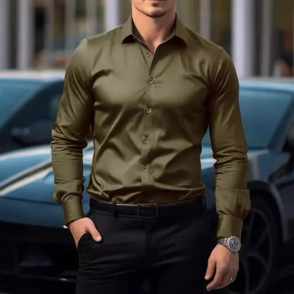 Camicia da Ufficio Casual con Rever - Maniche Lunghe e Colore Solido per Uomini