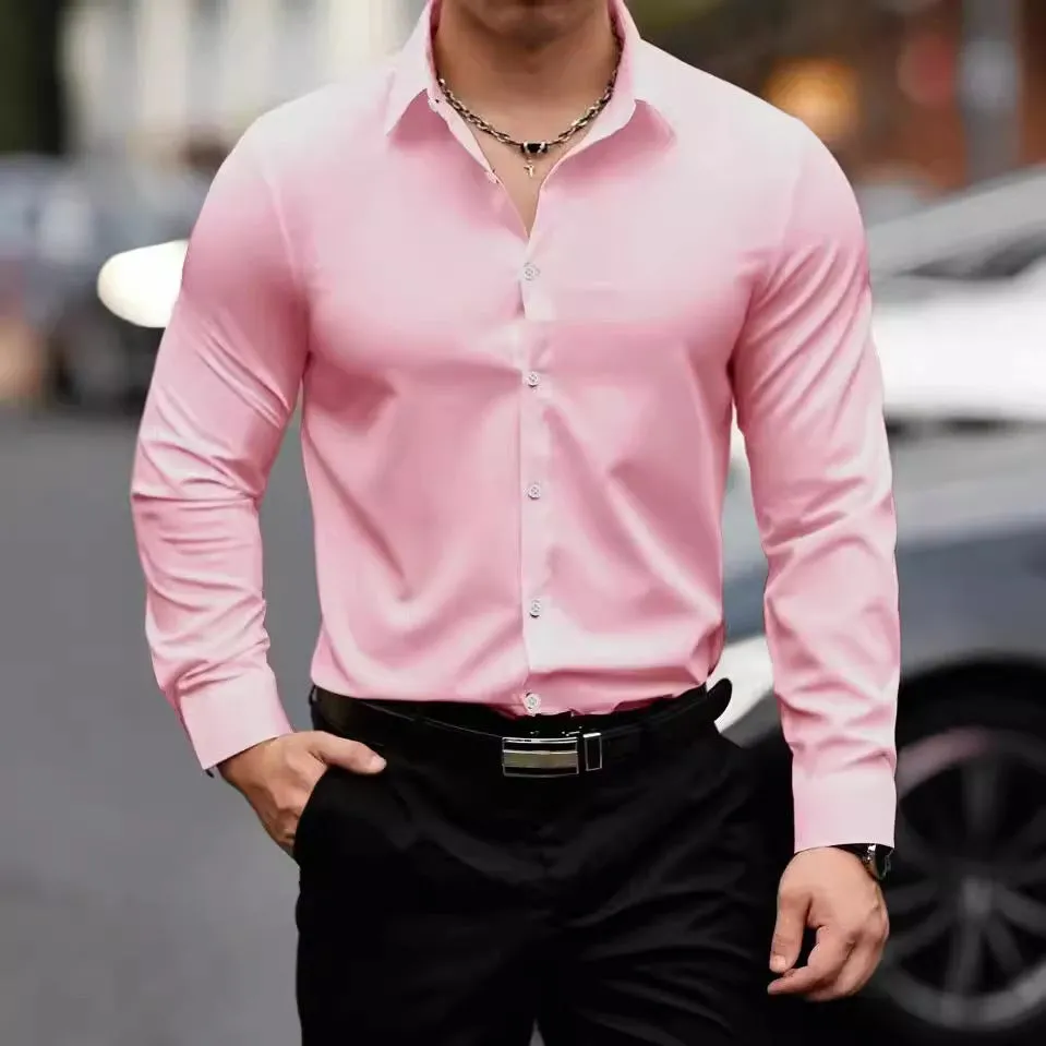 Camicia da Ufficio Casual con Rever - Maniche Lunghe e Colore Solido per Uomini