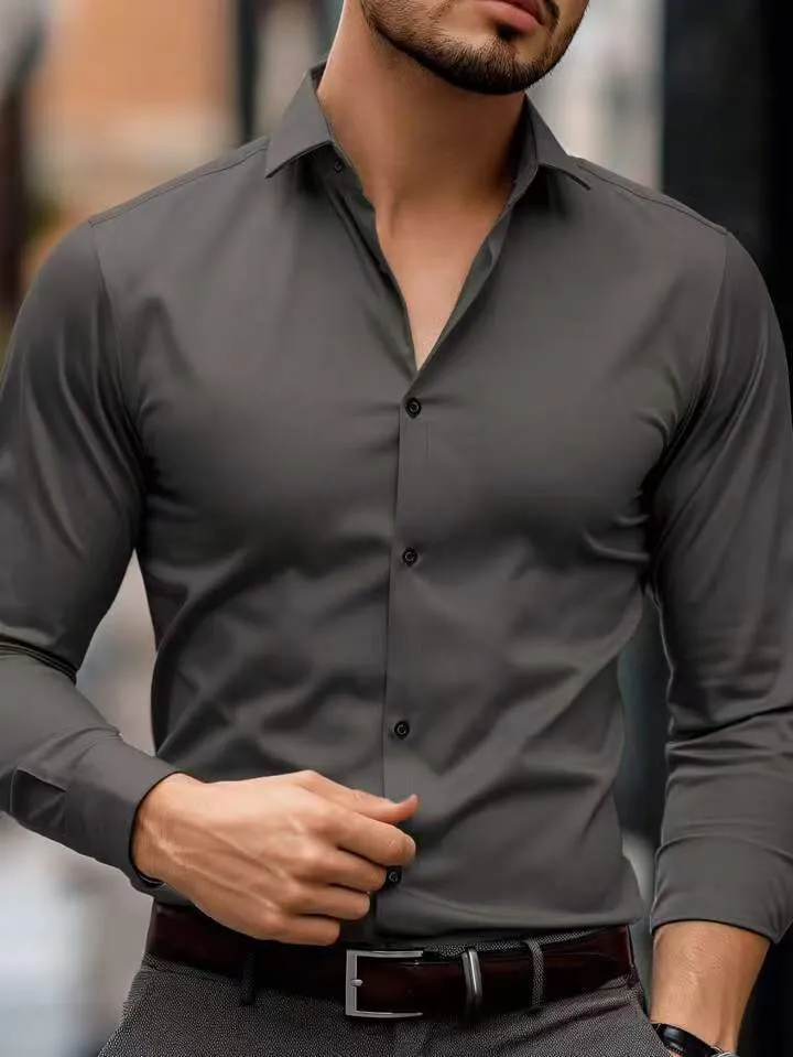 Camicia da Ufficio Casual con Rever - Maniche Lunghe e Colore Solido per Uomini