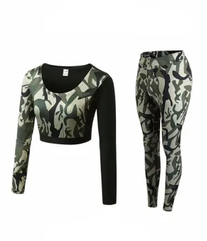 Camouflage Fitness Yoga Workout Set Crop Top Long Sleeve Shirt   Legging