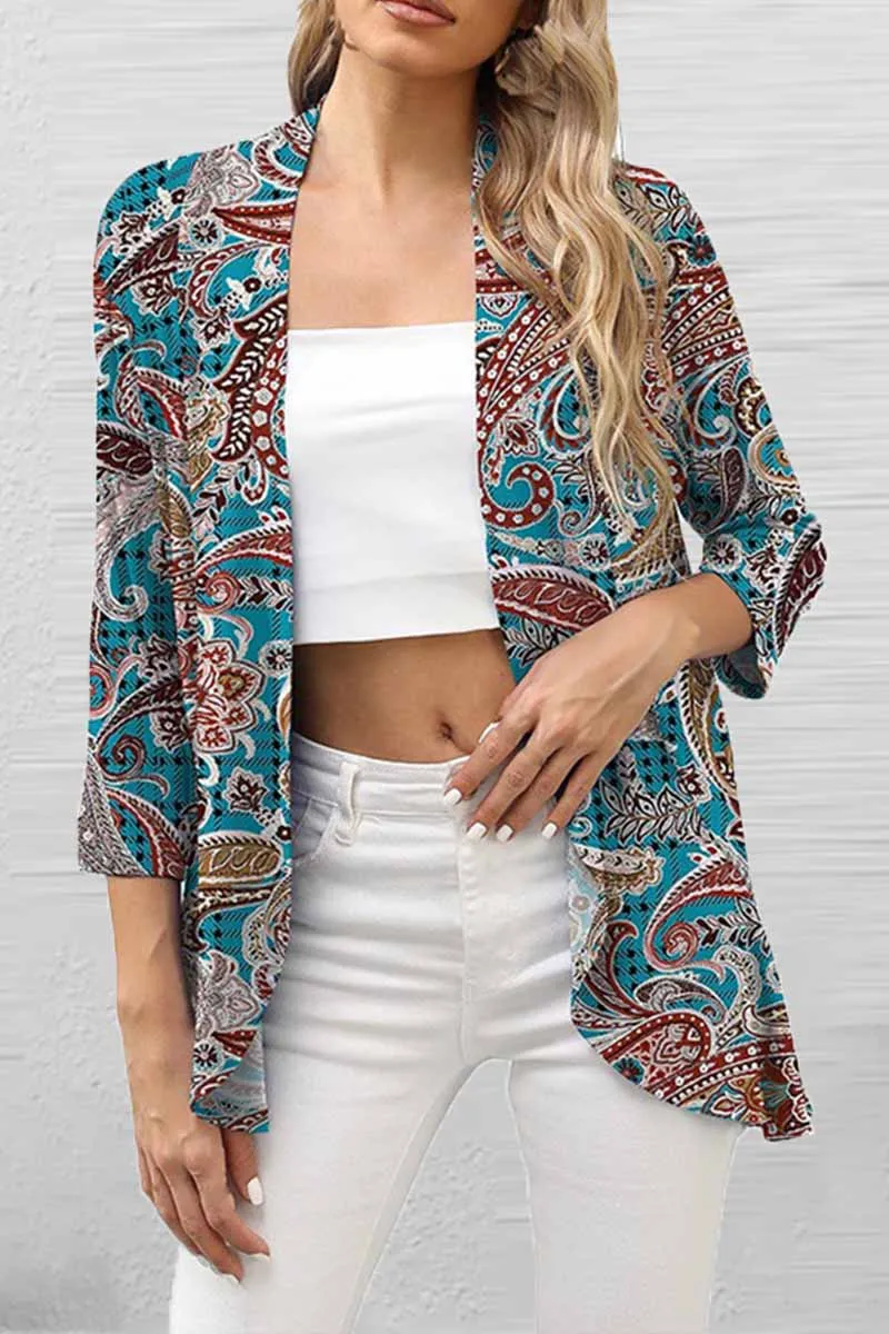 Casual Print Patchwork Cardigan Collar Tops