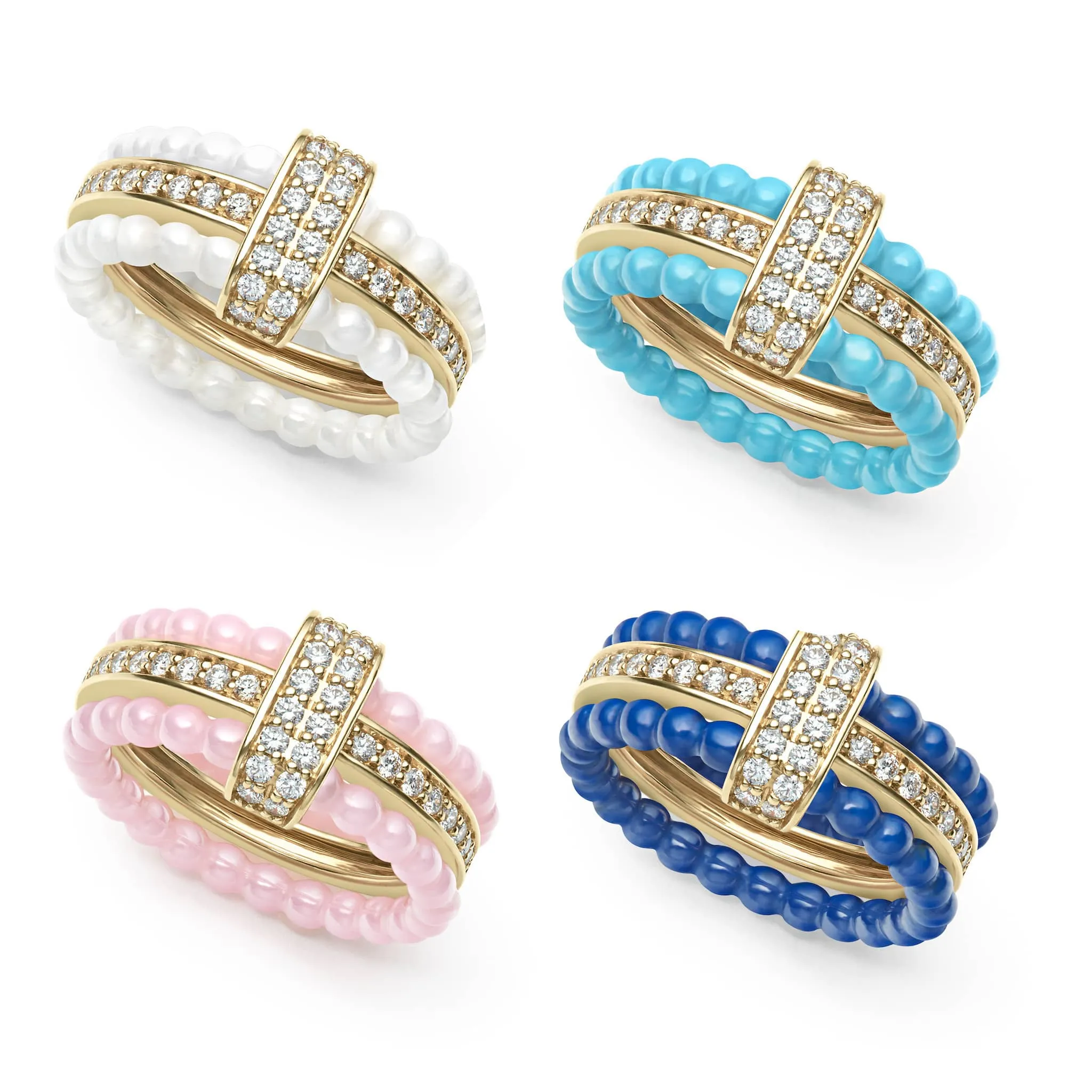 Caviar Gold Diamond Stacking Ring Set