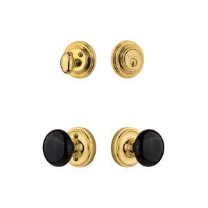 Classic Rosette Entry Set with Black Porcelain Knob in Unlacquered Brass