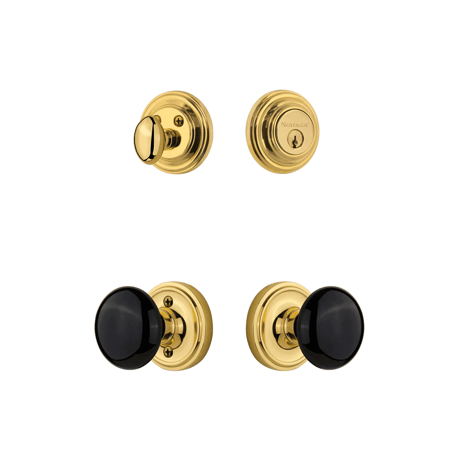 Classic Rosette Entry Set with Black Porcelain Knob in Unlacquered Brass