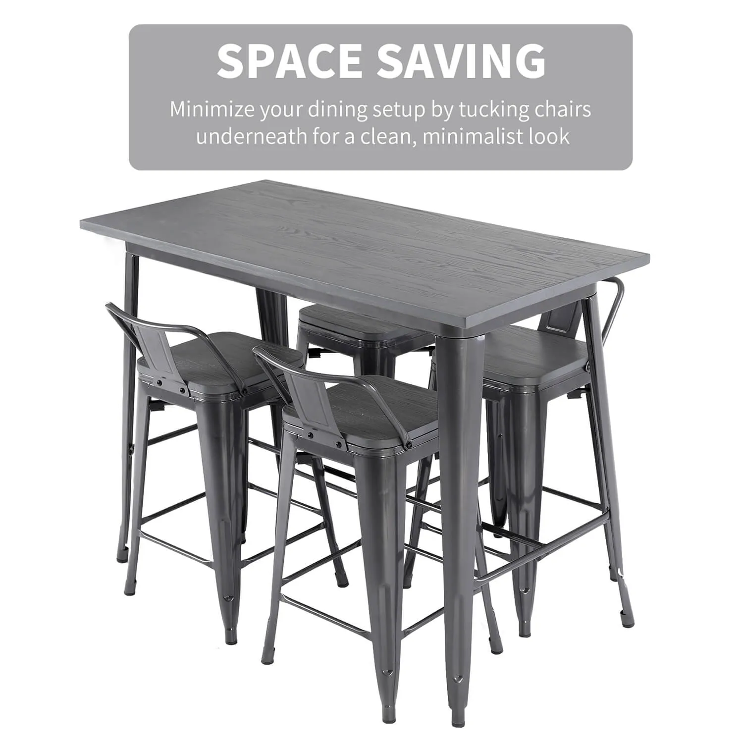 Dining Room Table Set & 4pcs Barstool for Kitchen Patio Bar (Gray)