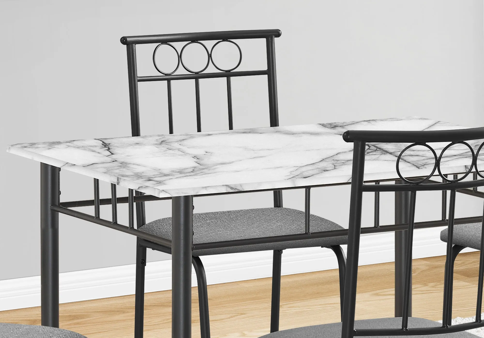 Dining Table Set, 5pcs Set, Small, 40" Rectangular, Kitchen, White Marble Look Laminate, Black Metal, Contemporary, Modern