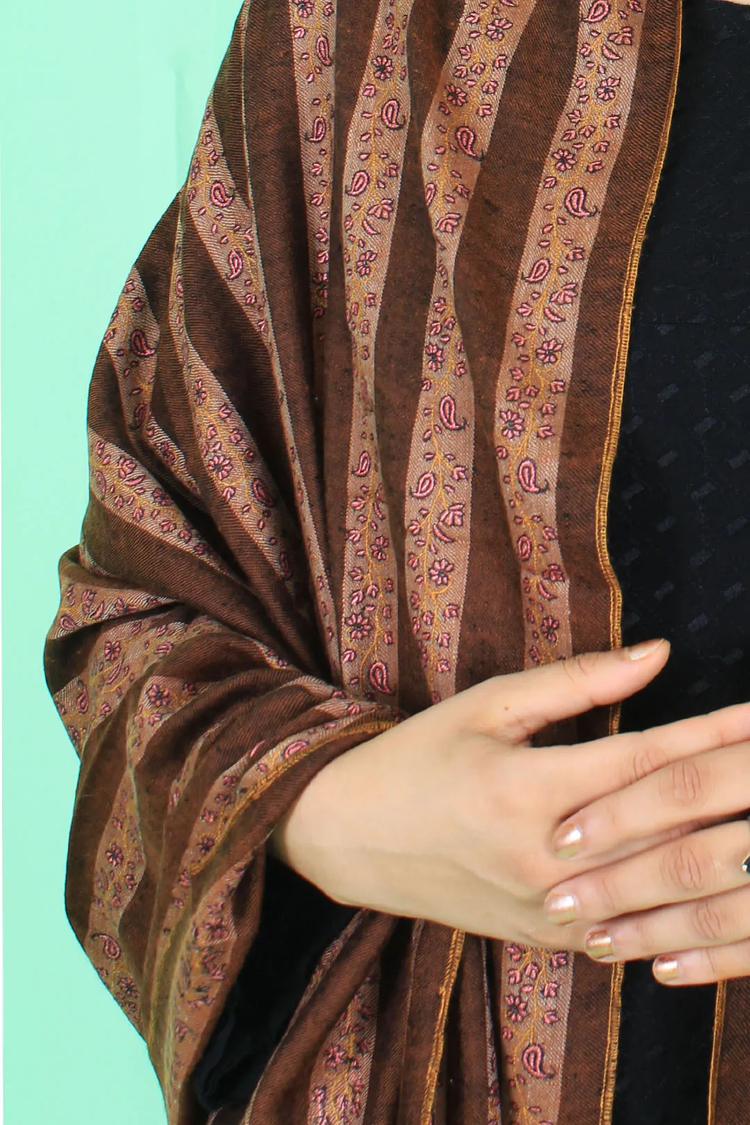 Eshaal Beige Brown Khatras Sozni Embroidered Pashmina Shawl