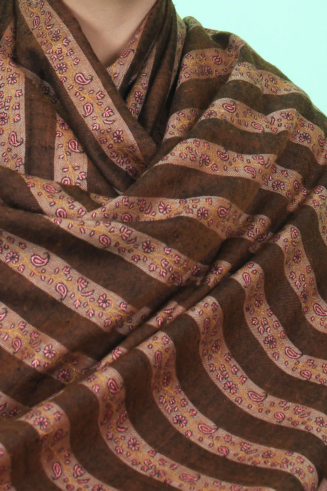 Eshaal Beige Brown Khatras Sozni Embroidered Pashmina Shawl