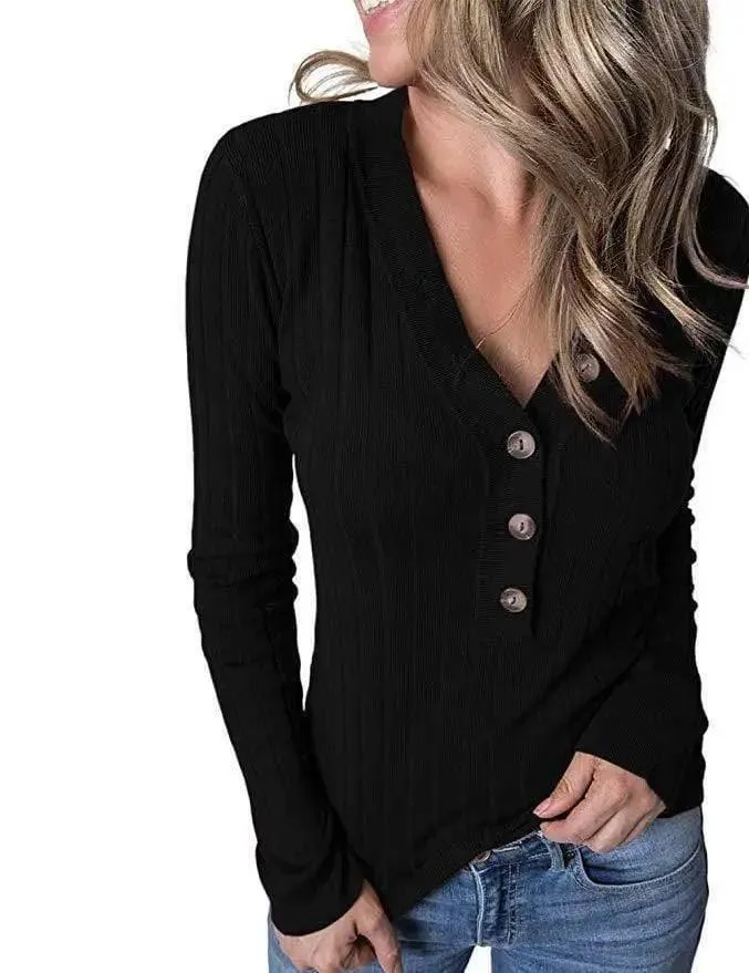 Fashion Temperament V-neck Pullover Solid Color Long-sleeved