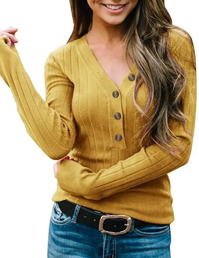 Fashion Temperament V-neck Pullover Solid Color Long-sleeved