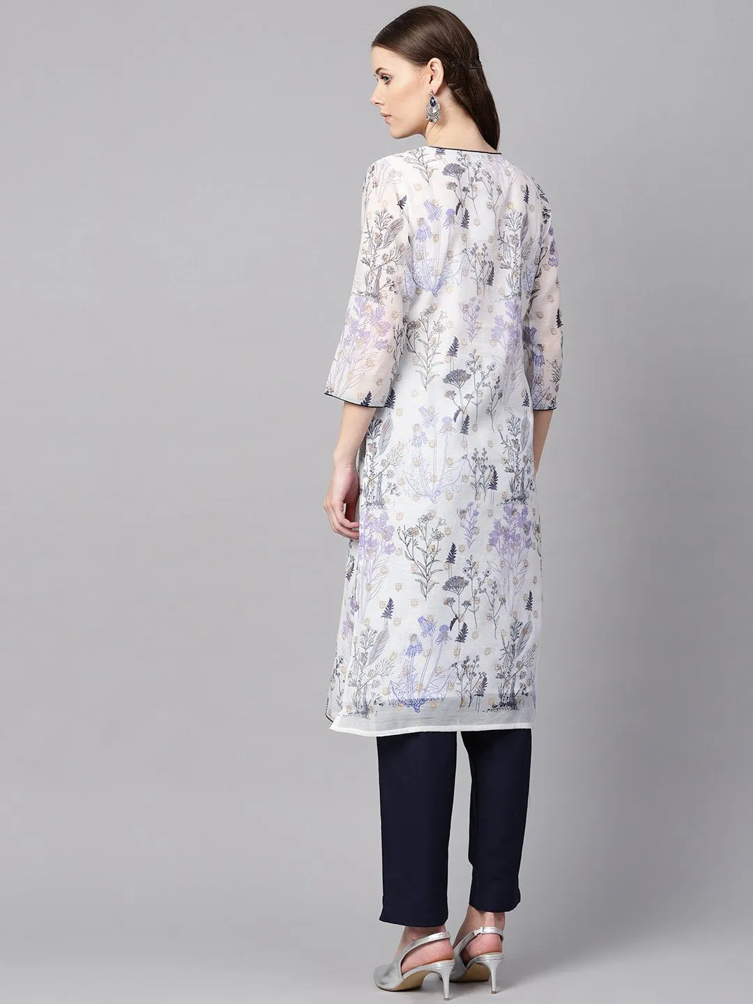 Floral Printed Chanderi 3/4Th Sleeve Kurta With Lining With Solid Navy Blue Pants