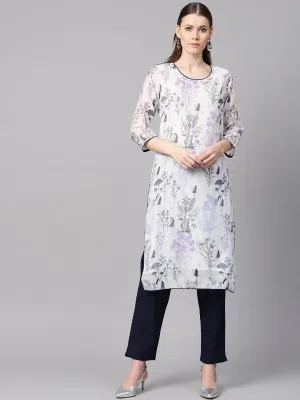 Floral Printed Chanderi 3/4Th Sleeve Kurta With Lining With Solid Navy Blue Pants